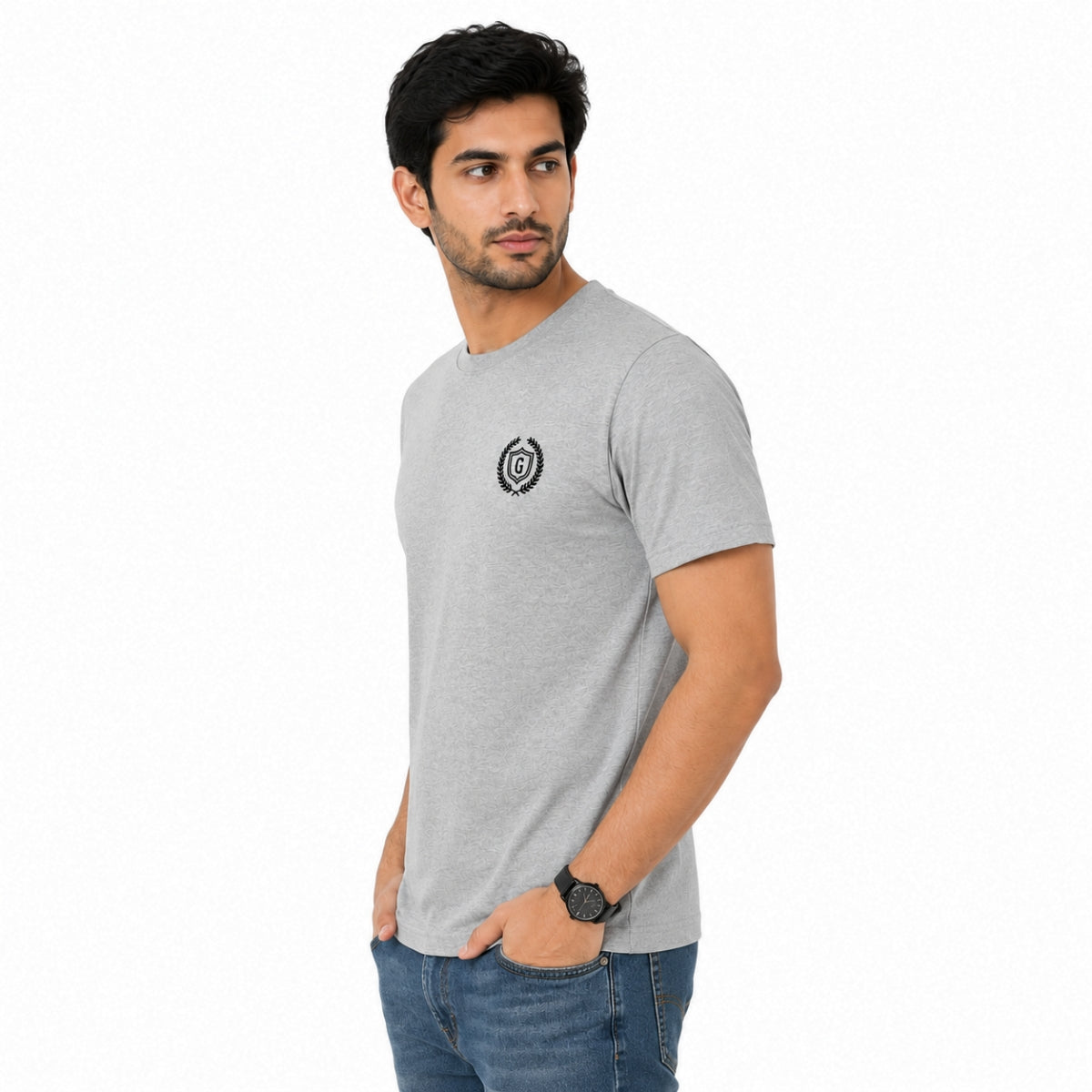 Men's Signature Emb. Round Neck Tee Shirt - Light Gray