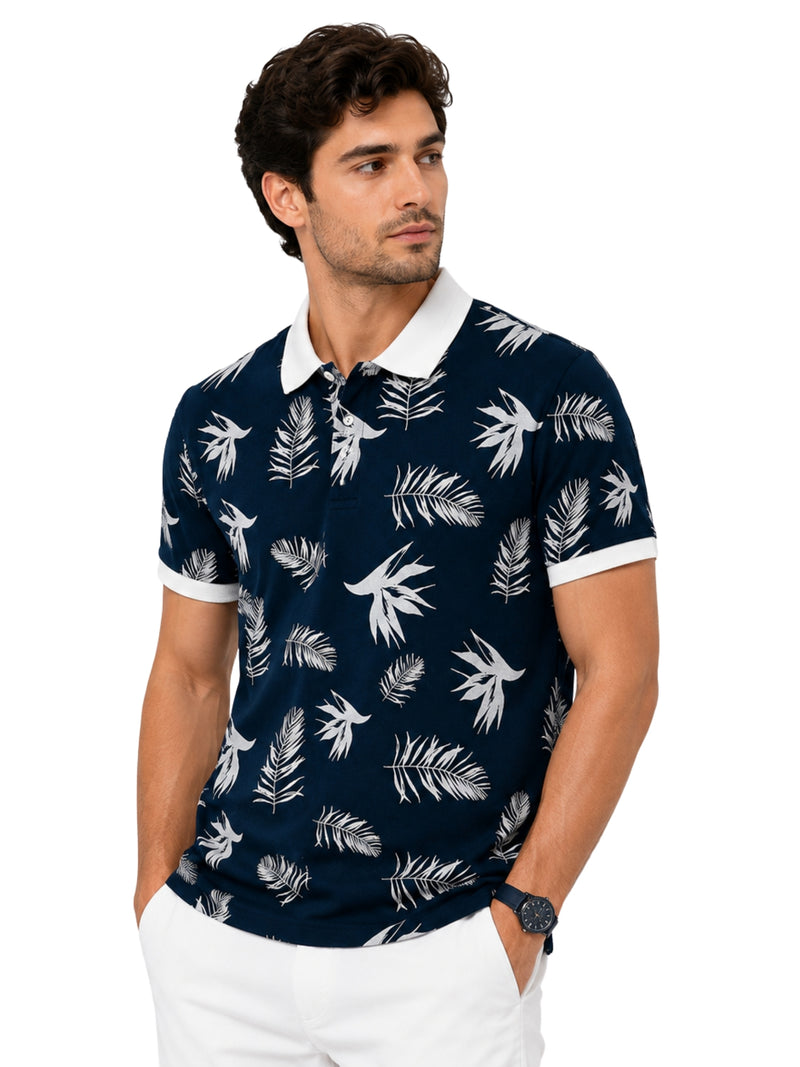 Men's Tropical Leaf Print Piqué Cotton Polo Shirt