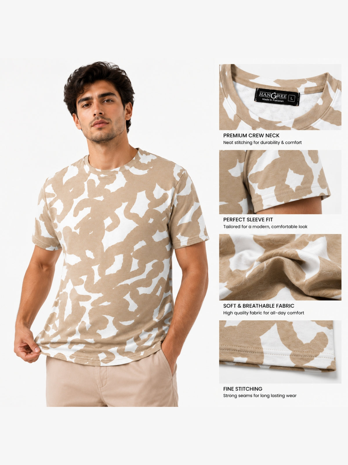 Men's Abstract Print Cotton Jersey T-Shirt - Sand & White