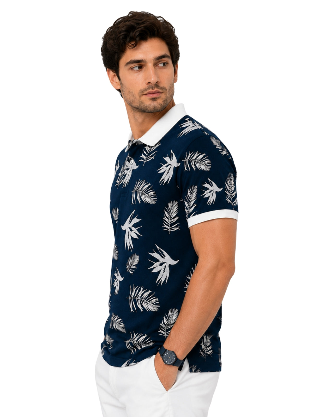 Men's Tropical Leaf Print Piqué Cotton Polo Shirt