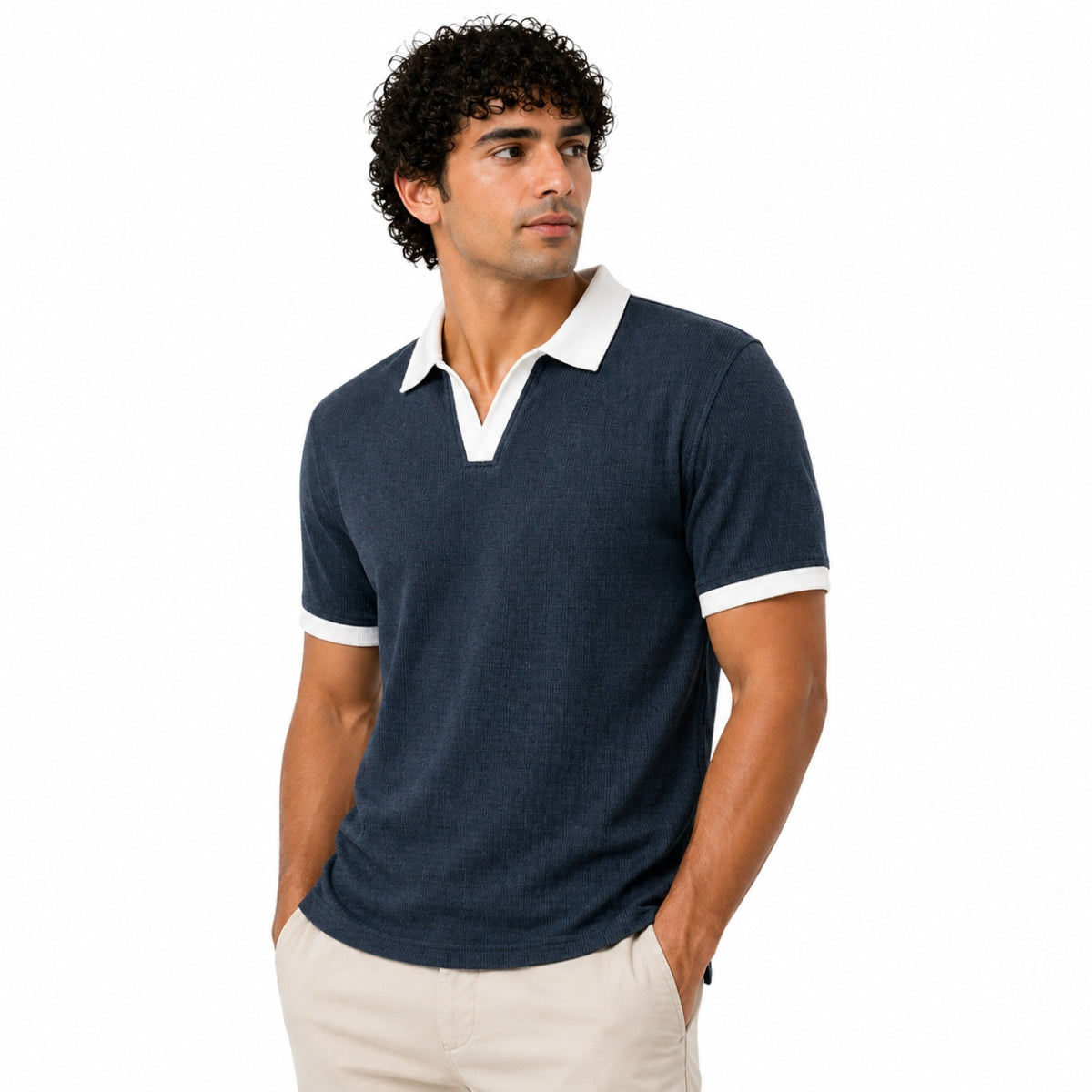 Men’s Classic Thermal Knit Contrast Collar Polo Shirt – Charcoal Blue