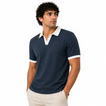 Men’s Classic Thermal Knit Contrast Collar Polo Shirt – Charcoal Blue