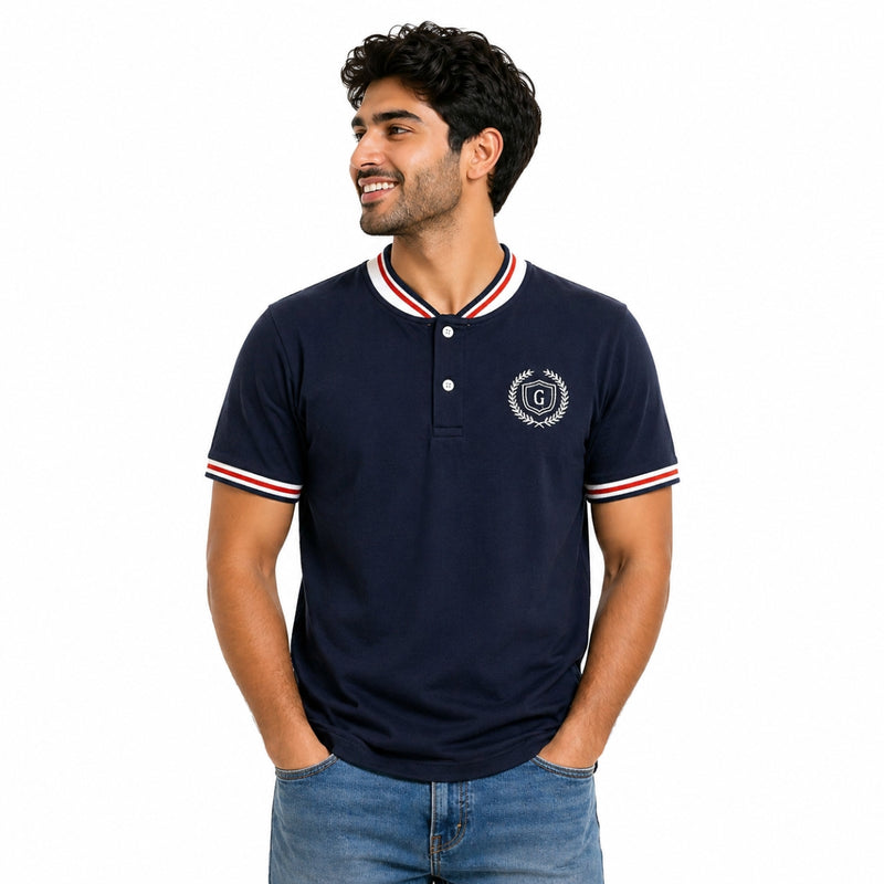Men’s Signature Embroidered Contrast Neck Henley T-Shirt – Navy