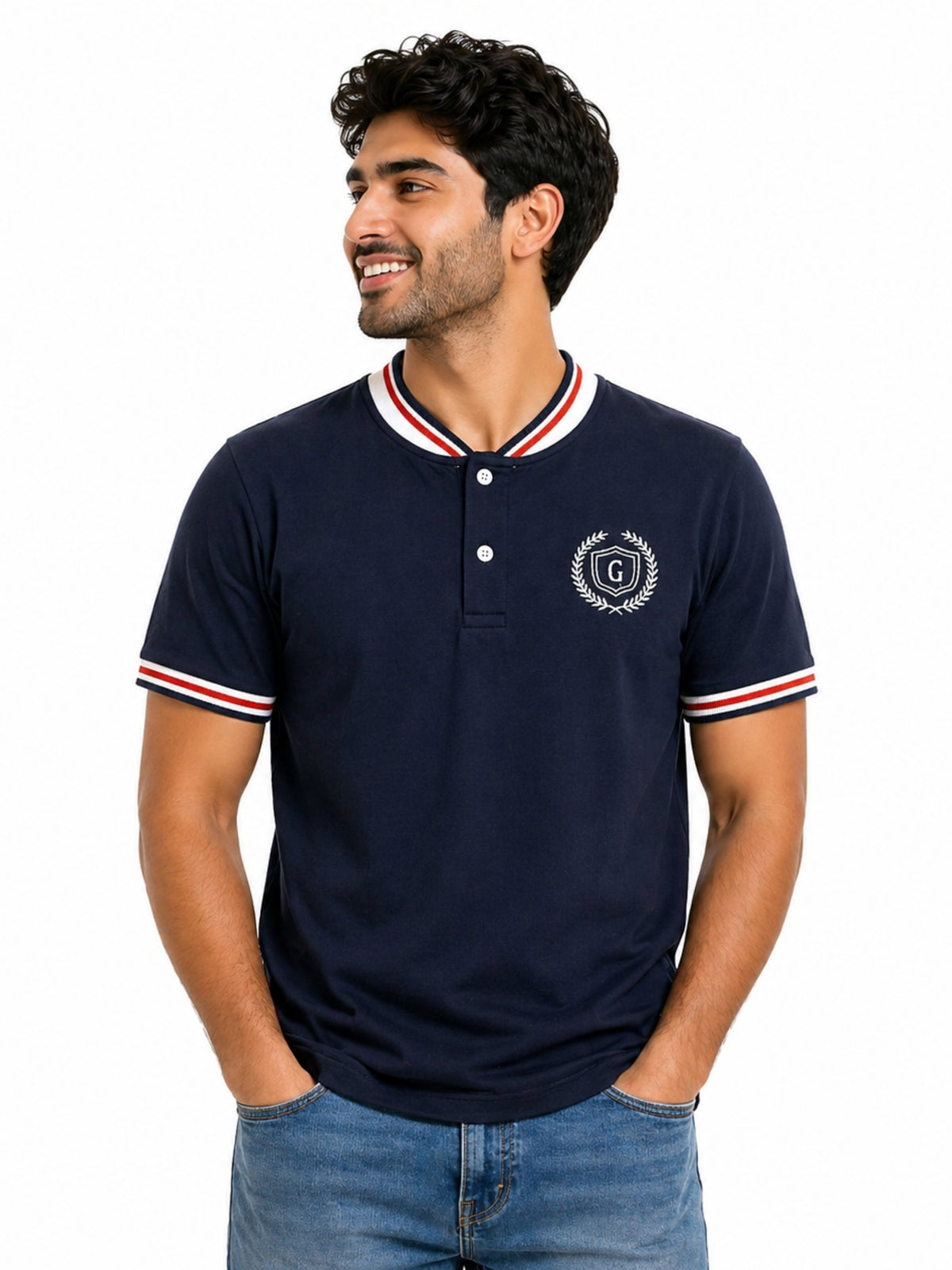 Men’s Signature Embroidered Contrast Neck Henley T-Shirt – Navy