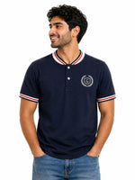 Men’s Signature Embroidered Contrast Neck Henley T-Shirt – Navy