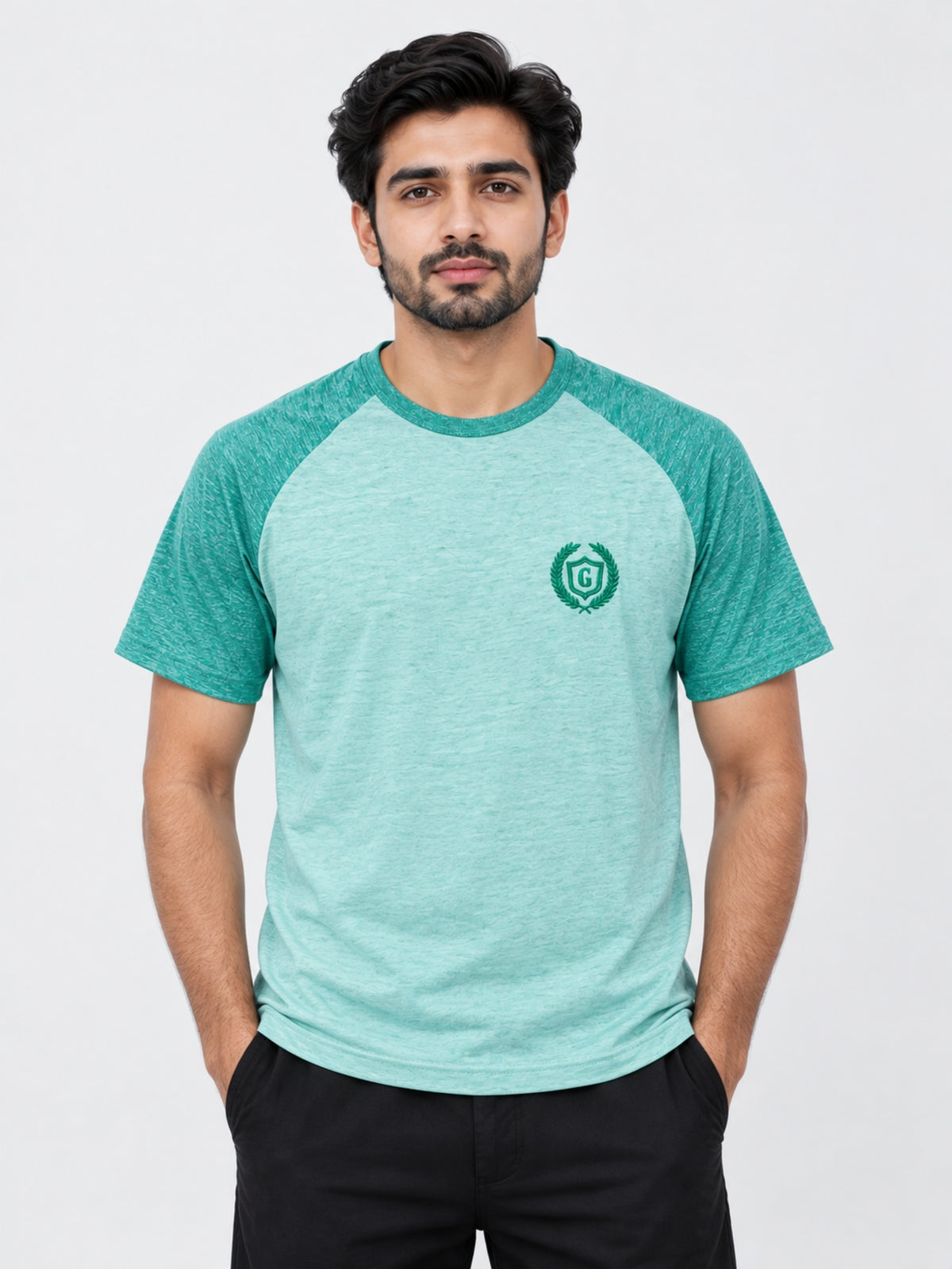 Signature Embroidered Raglan Combo Tee Shirt - Light Green