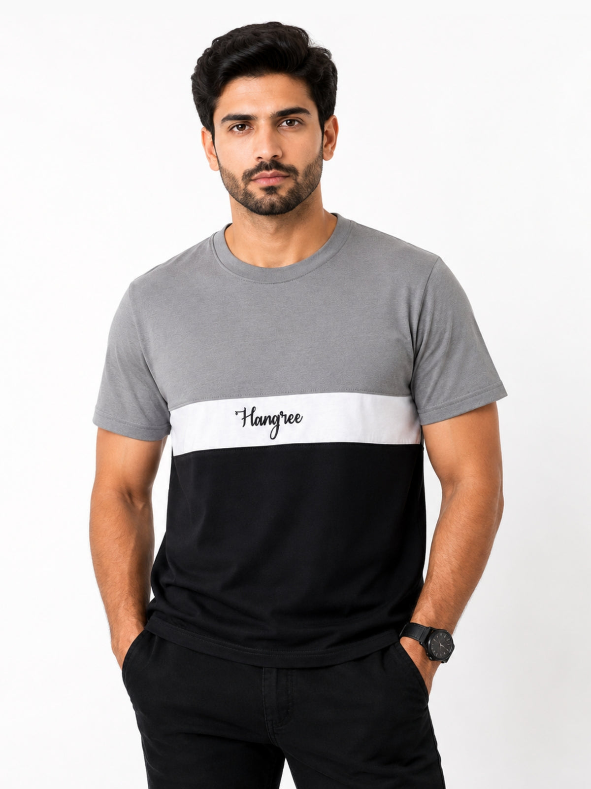 Men's Cut & Sew panel Tee Shirt - Gray, White & Black