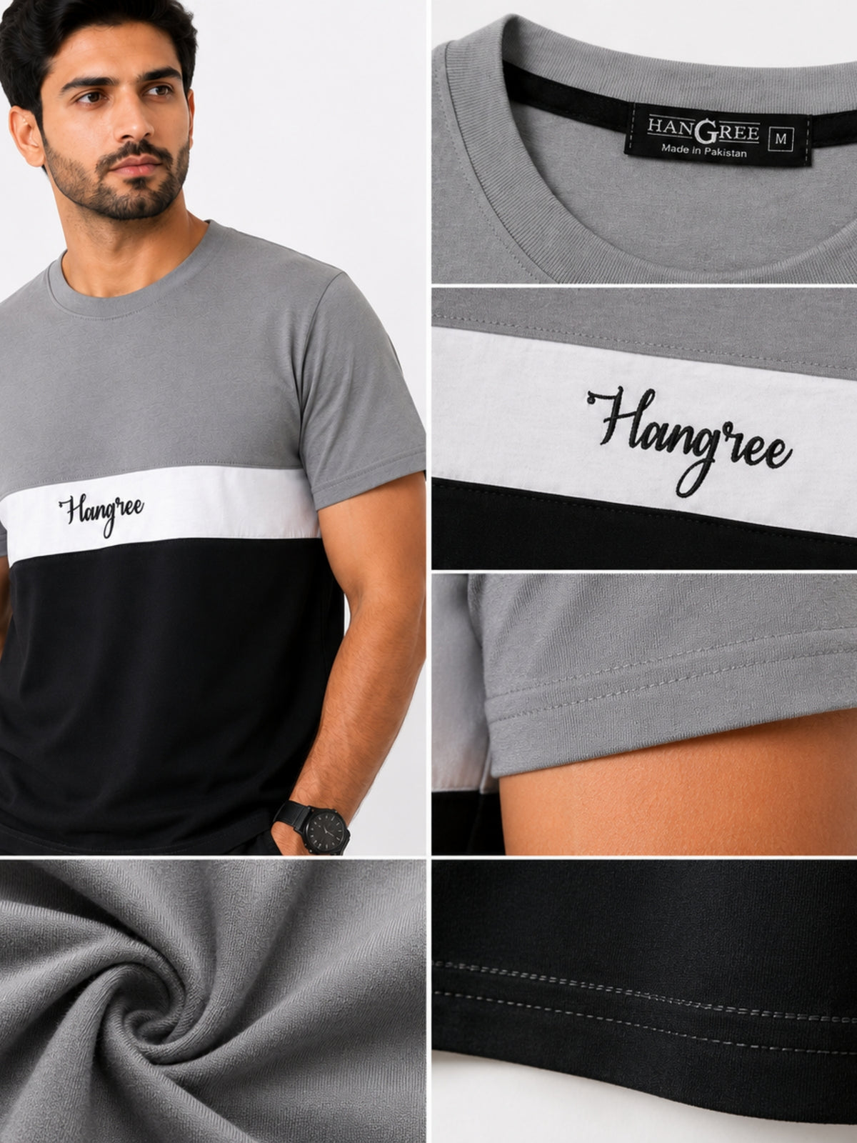 Men's Cut & Sew panel Tee Shirt - Gray, White & Black