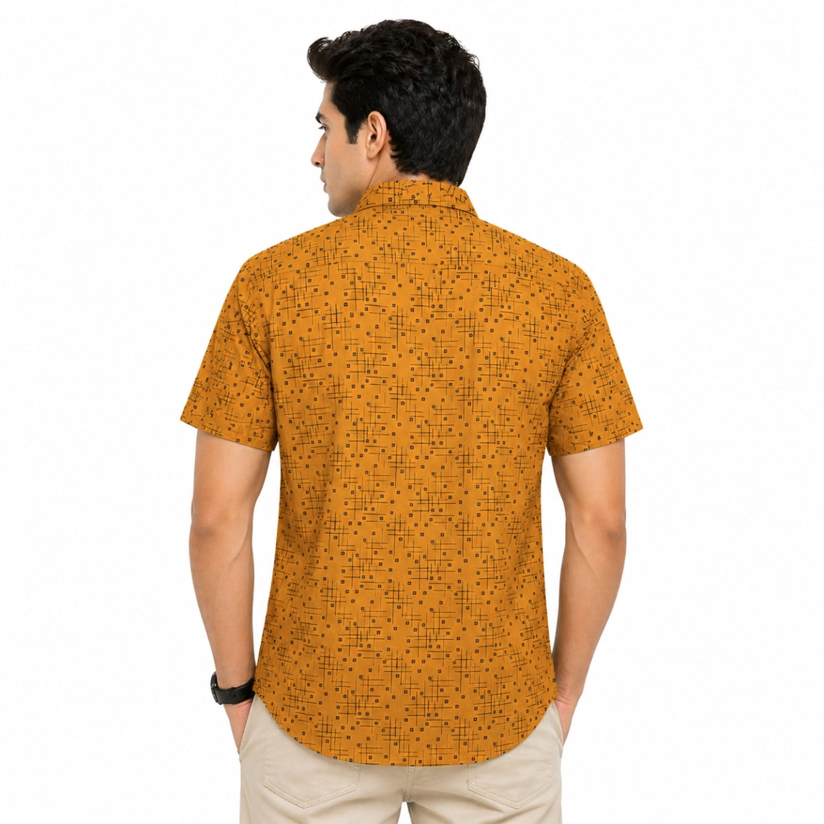 Men’s Geometric Pattern Half Sleeve Casual Shirt – Mustard