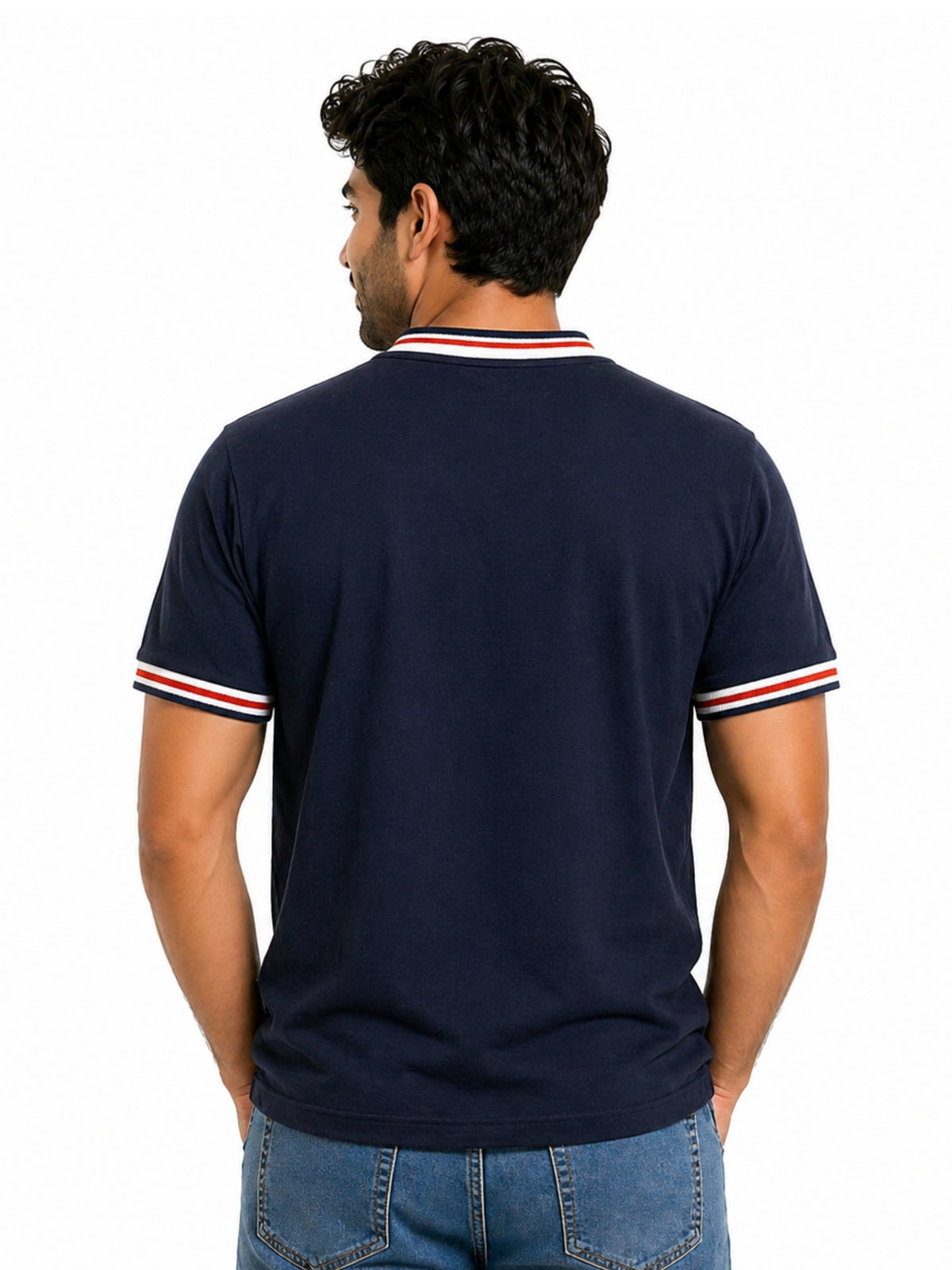 Men’s Signature Embroidered Contrast Neck Henley T-Shirt – Navy