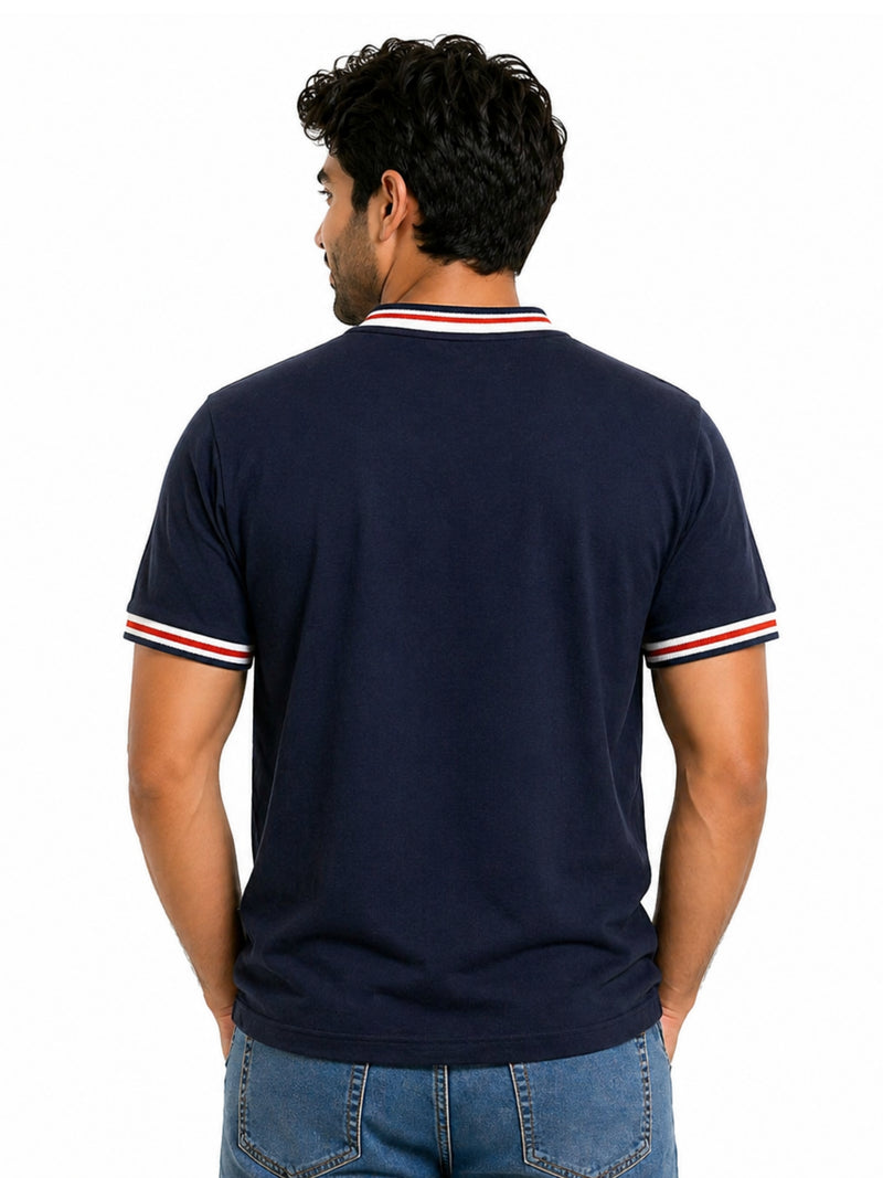 Men’s Signature Embroidered Contrast Neck Henley T-Shirt – Navy