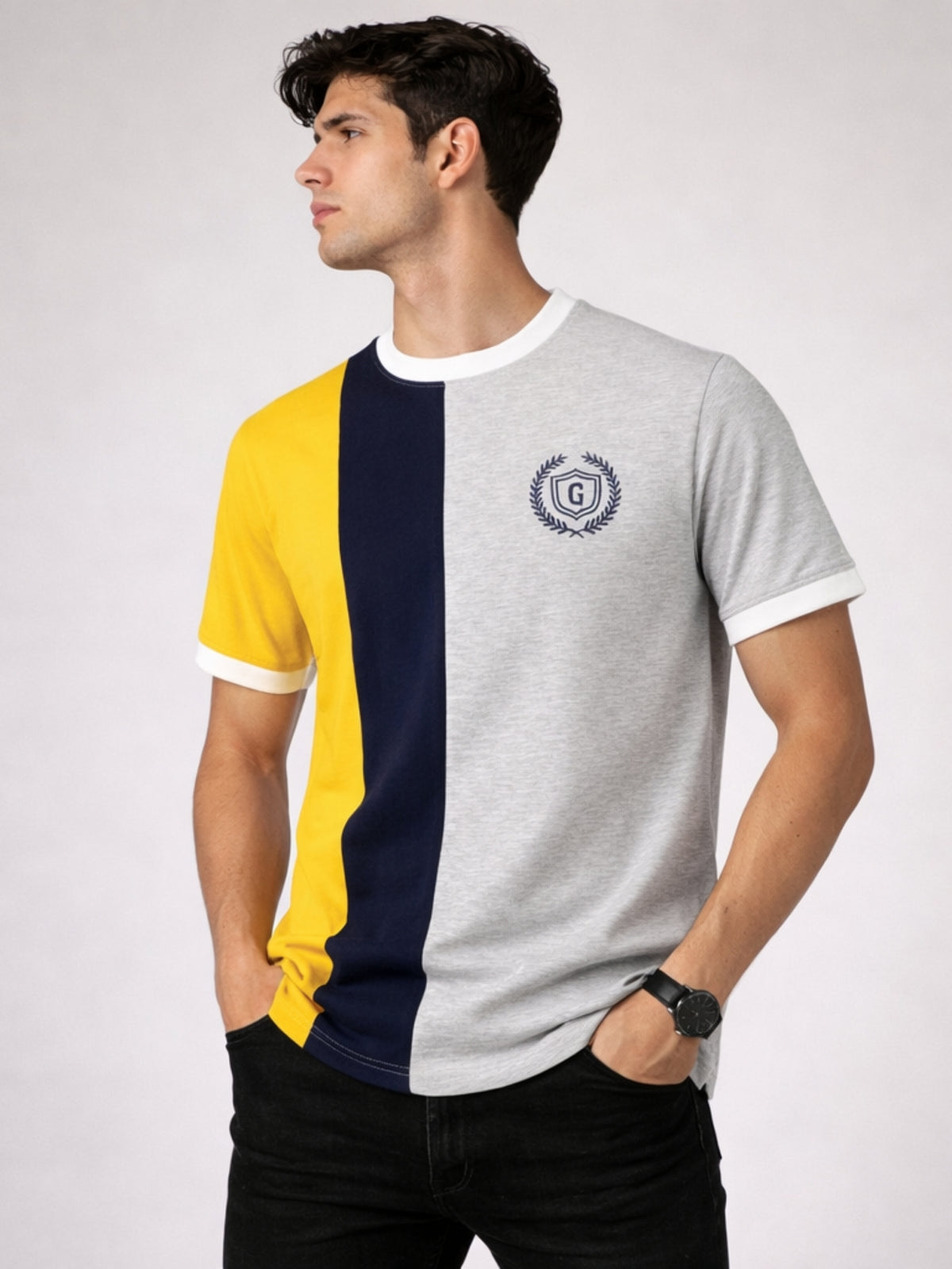 Men's Premium Vertical Panel Tee Shirt - Yellow / Navy / Grey