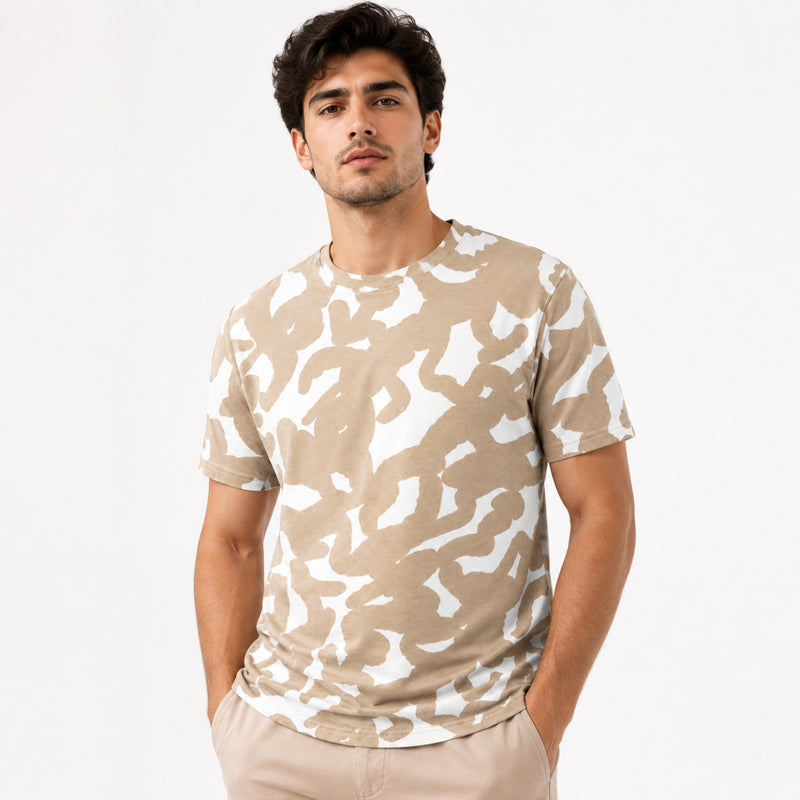 Men's Abstract Print Cotton Jersey T-Shirt - Sand & White