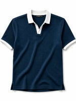 Men’s Classic Thermal Knit Contrast Collar Polo Shirt – Navy Blue