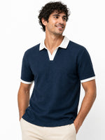 Men’s Classic Thermal Knit Contrast Collar Polo Shirt – Navy Blue