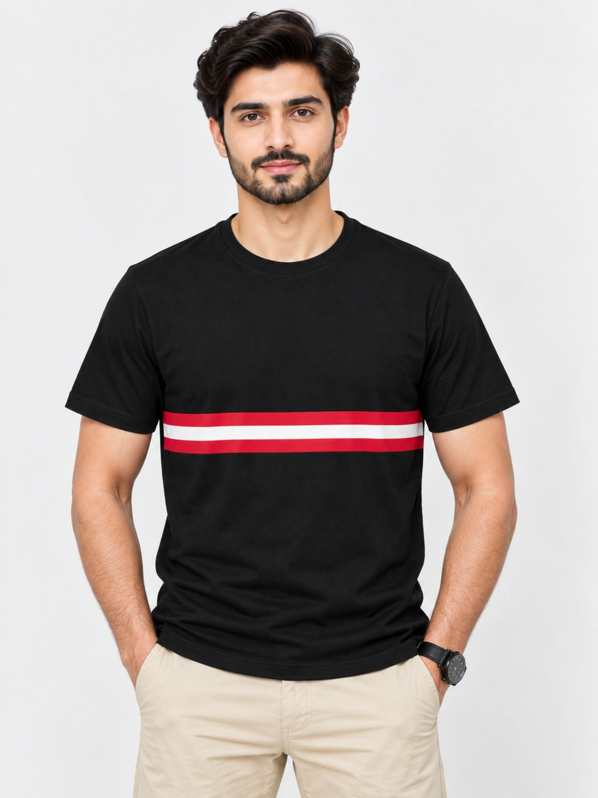 Men Chest Fashion Ribbon Tee Shirt - Black