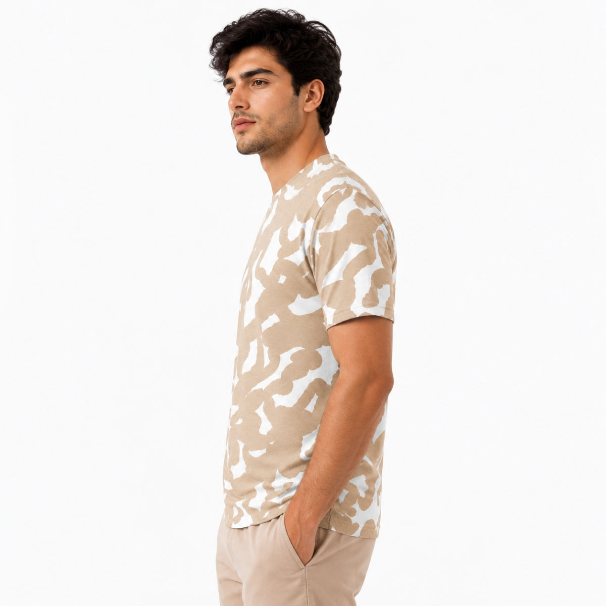Men's Abstract Print Cotton Jersey T-Shirt - Sand & White