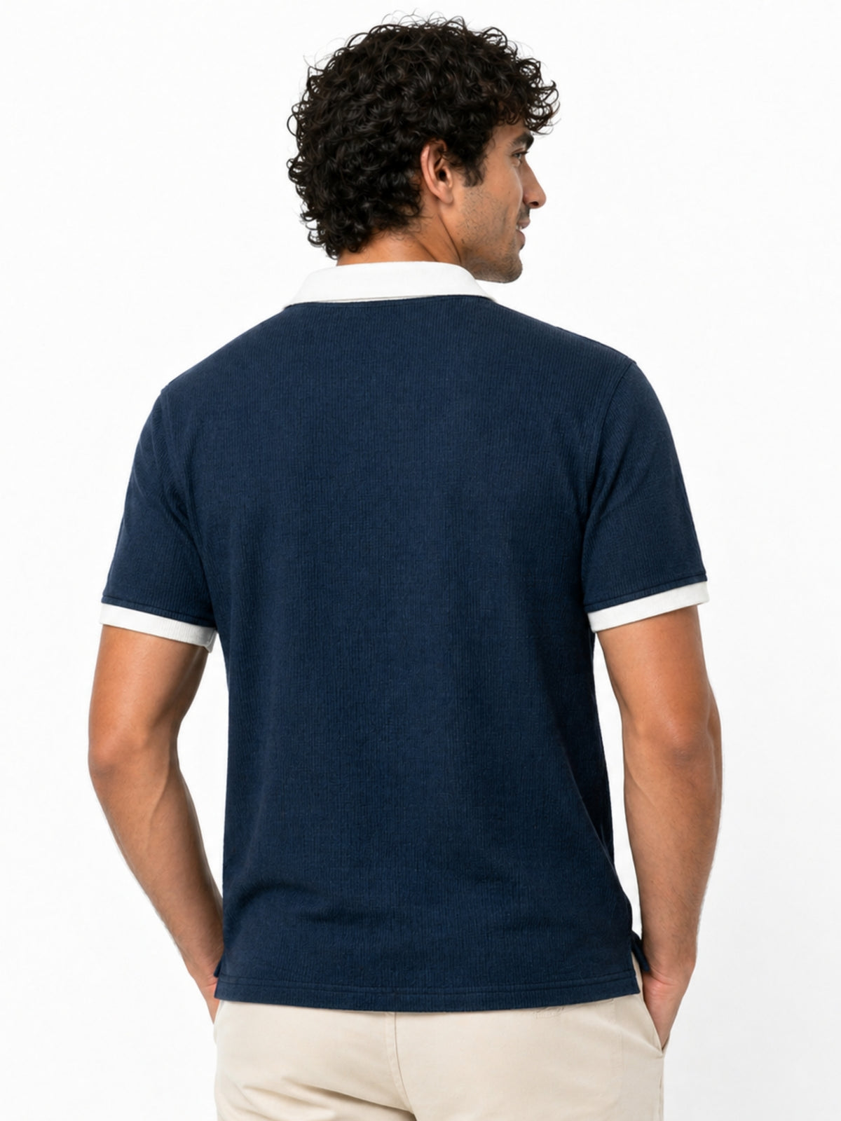 Men’s Classic Thermal Knit Contrast Collar Polo Shirt – Navy Blue
