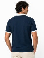 Men’s Classic Thermal Knit Contrast Collar Polo Shirt – Navy Blue