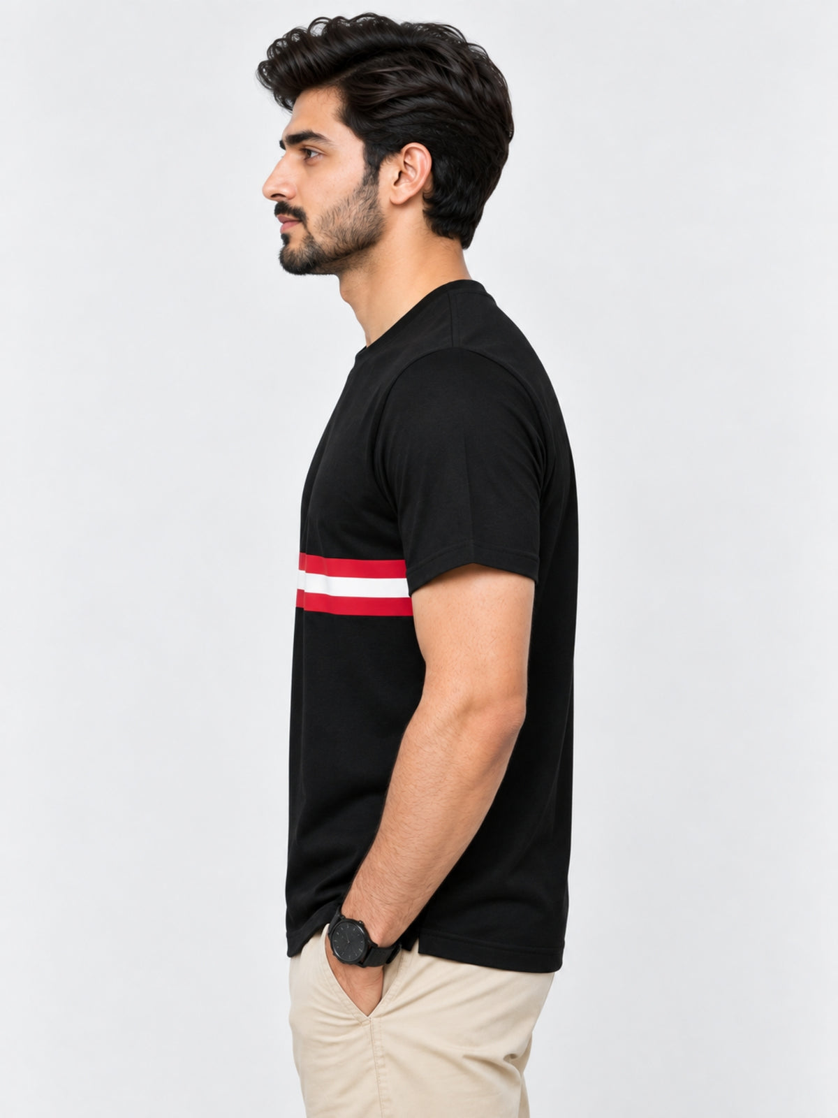 Men Chest Fashion Ribbon Tee Shirt - Black