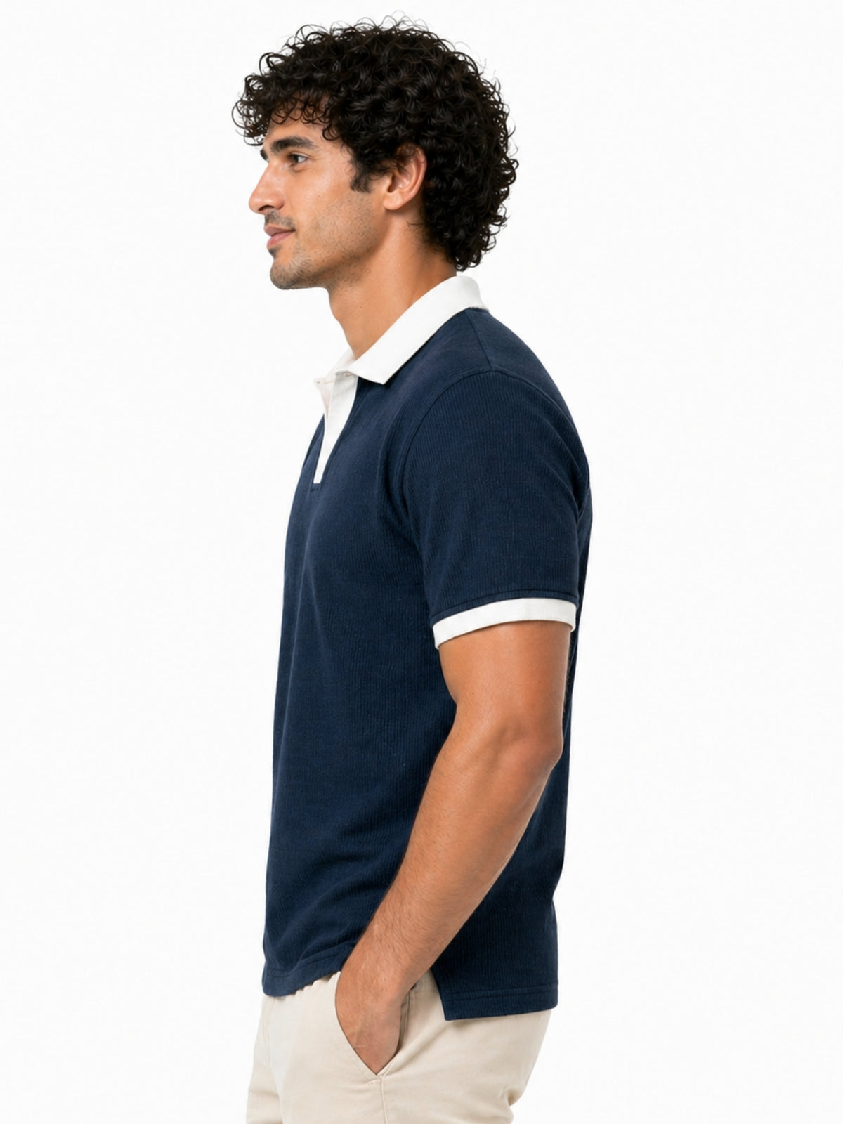 Men’s Classic Thermal Knit Contrast Collar Polo Shirt – Navy Blue