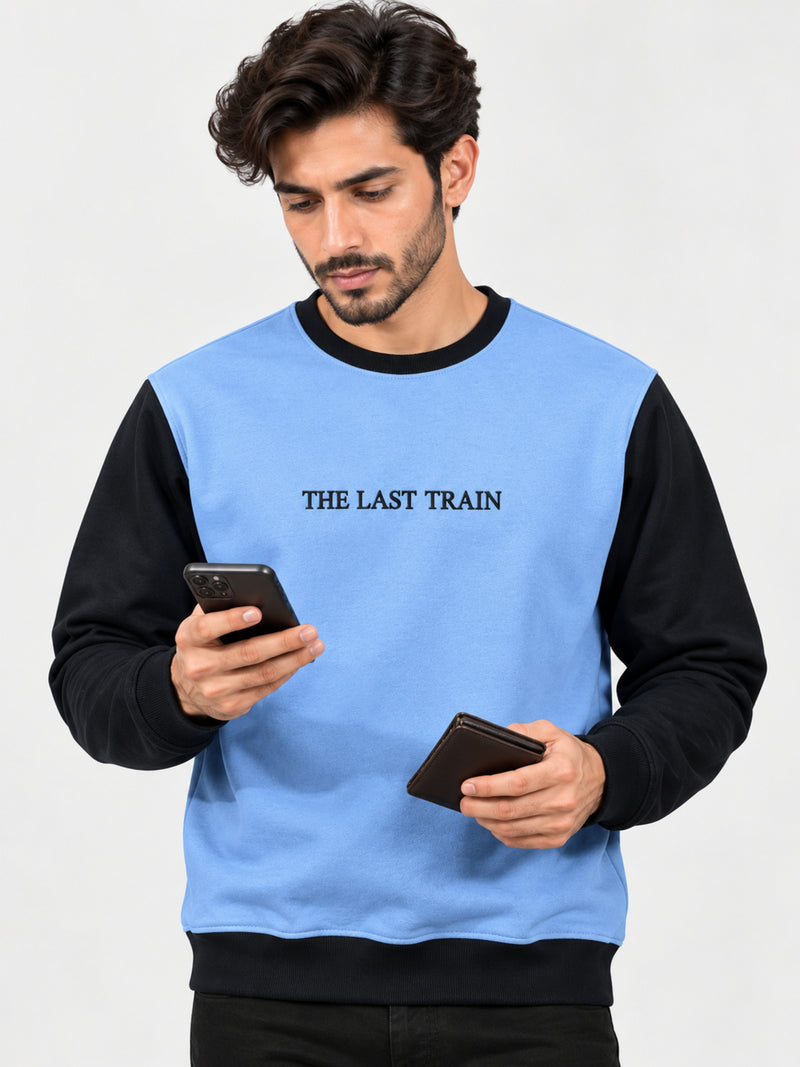 Contrast Sleeves "The Last Train" Emb, Sweat Shirt - Sky Black