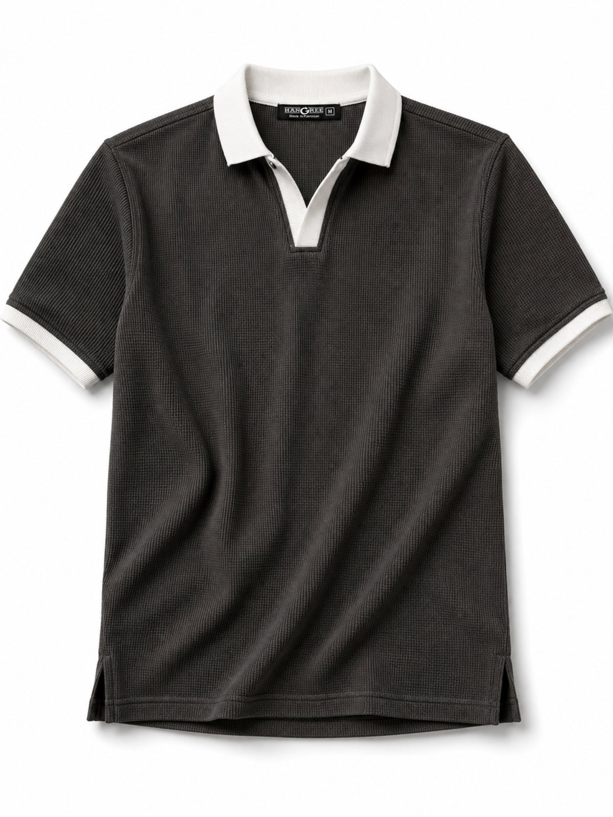 Men’s Classic Thermal Knit Contrast Collar Polo Shirt – Charcoal Gray