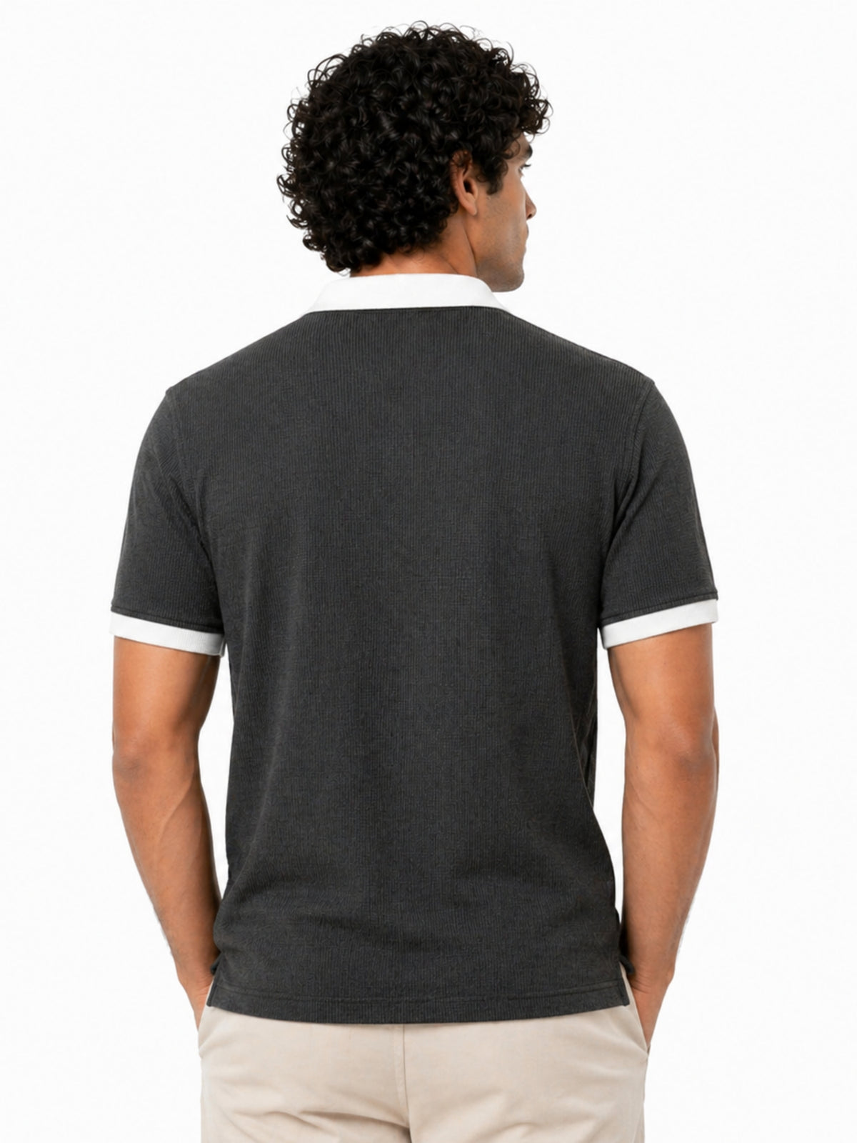 Men’s Classic Thermal Knit Contrast Collar Polo Shirt – Charcoal Gray