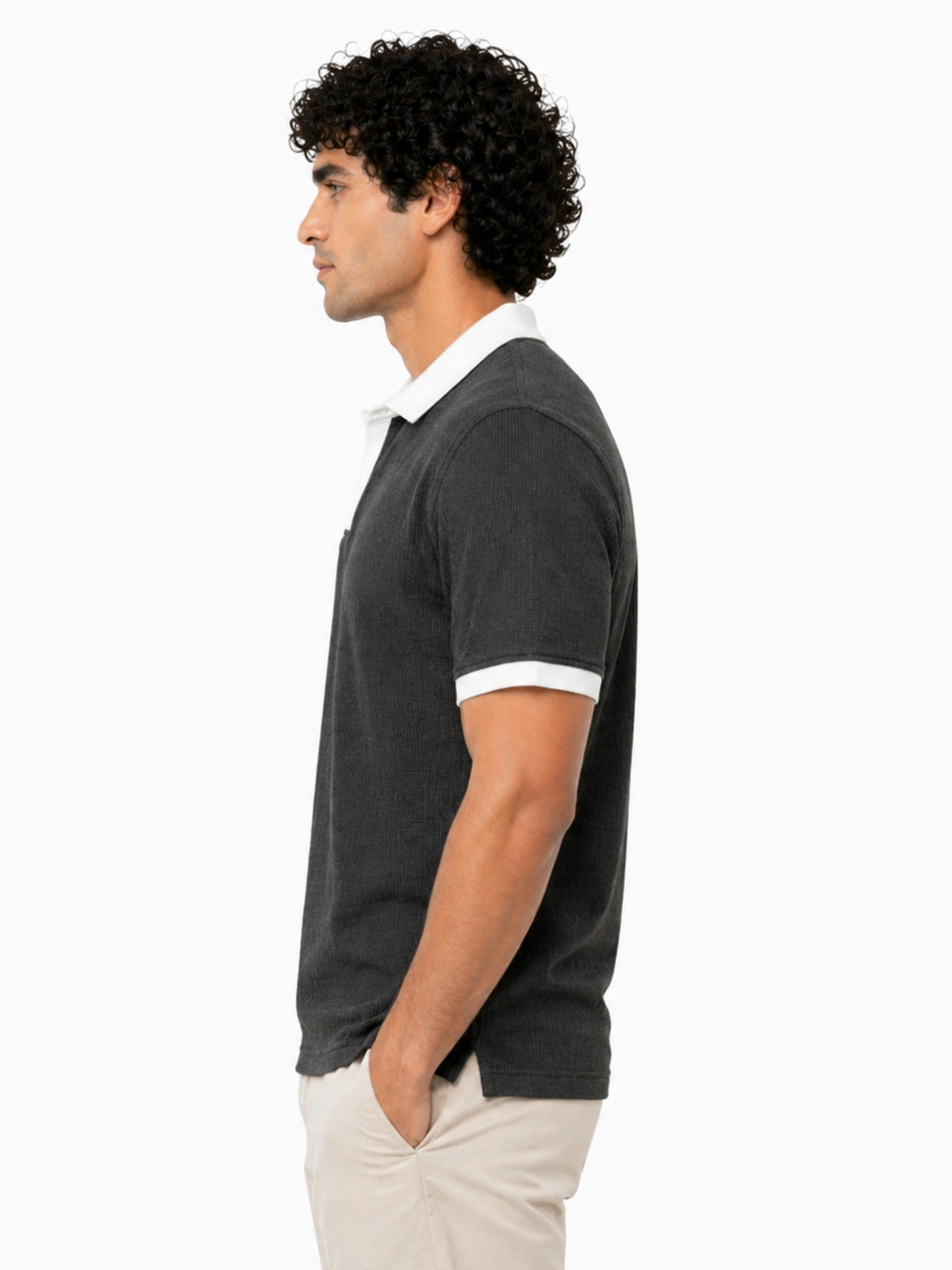 Men’s Classic Thermal Knit Contrast Collar Polo Shirt – Charcoal Gray