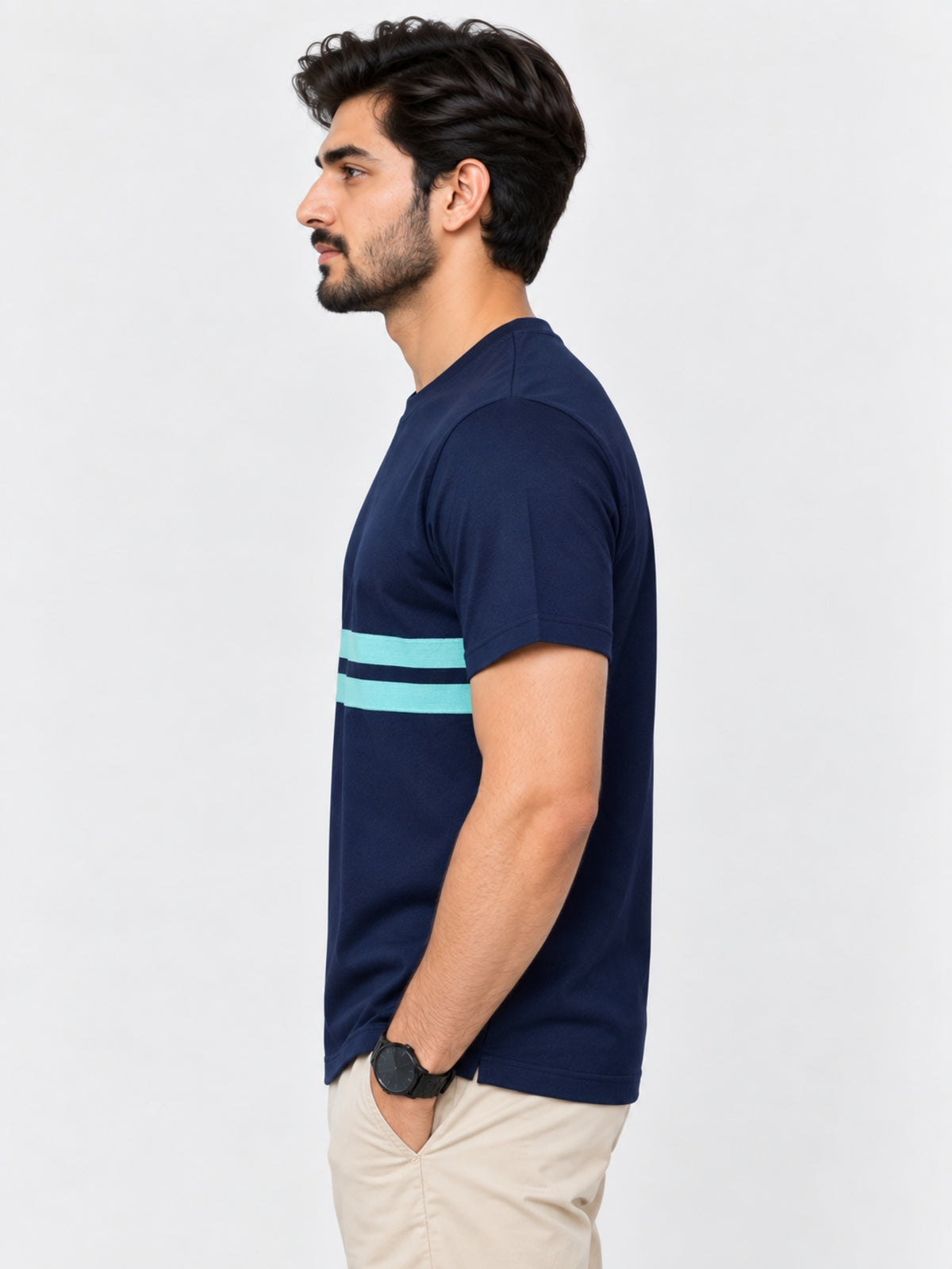 Men Chest Fashion Ribbon Tee Shirt - Navy