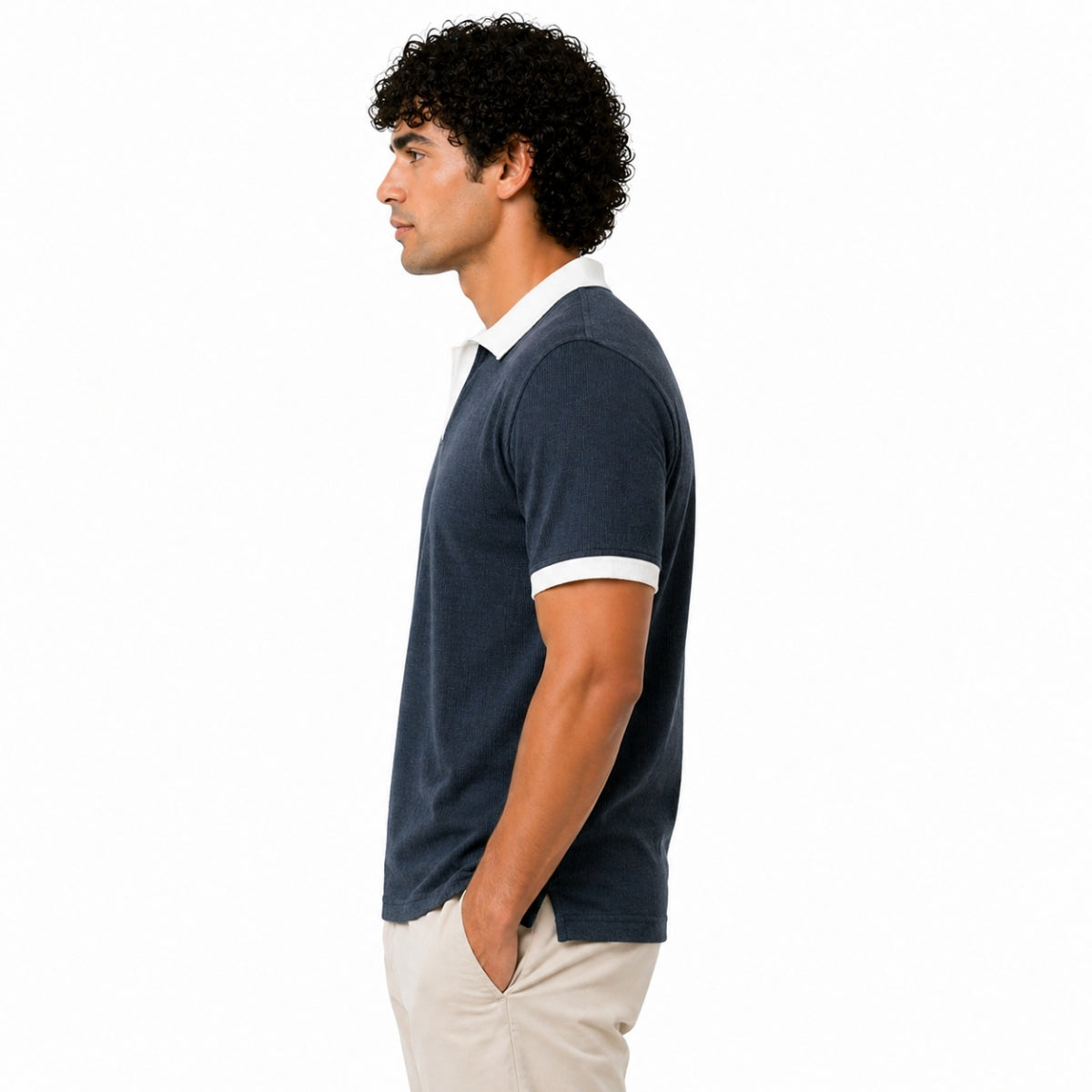 Men’s Classic Thermal Knit Contrast Collar Polo Shirt – Charcoal Blue