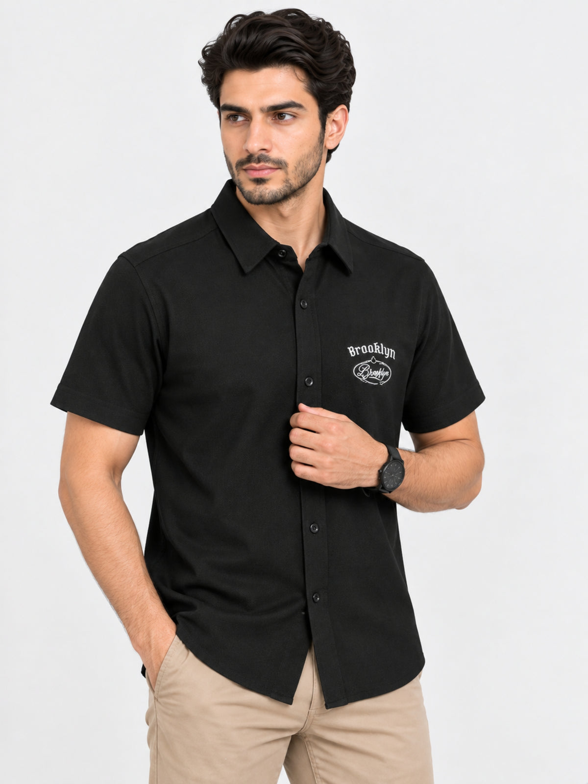 Classy "Brooklyn" Embroidered Soft Cotton Casual Shirt - Black
