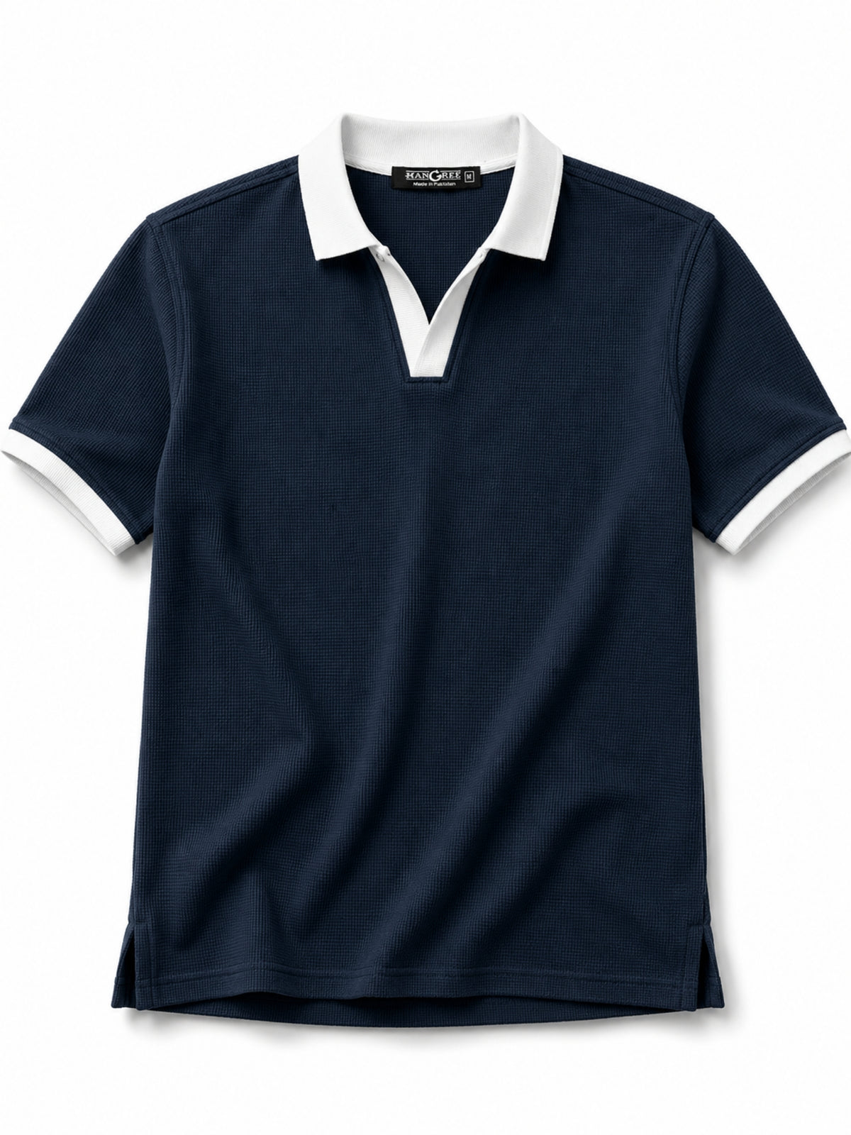 Men’s Classic Thermal Knit Contrast Collar Polo Shirt – Charcoal Blue