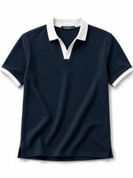 Men’s Classic Thermal Knit Contrast Collar Polo Shirt – Charcoal Blue