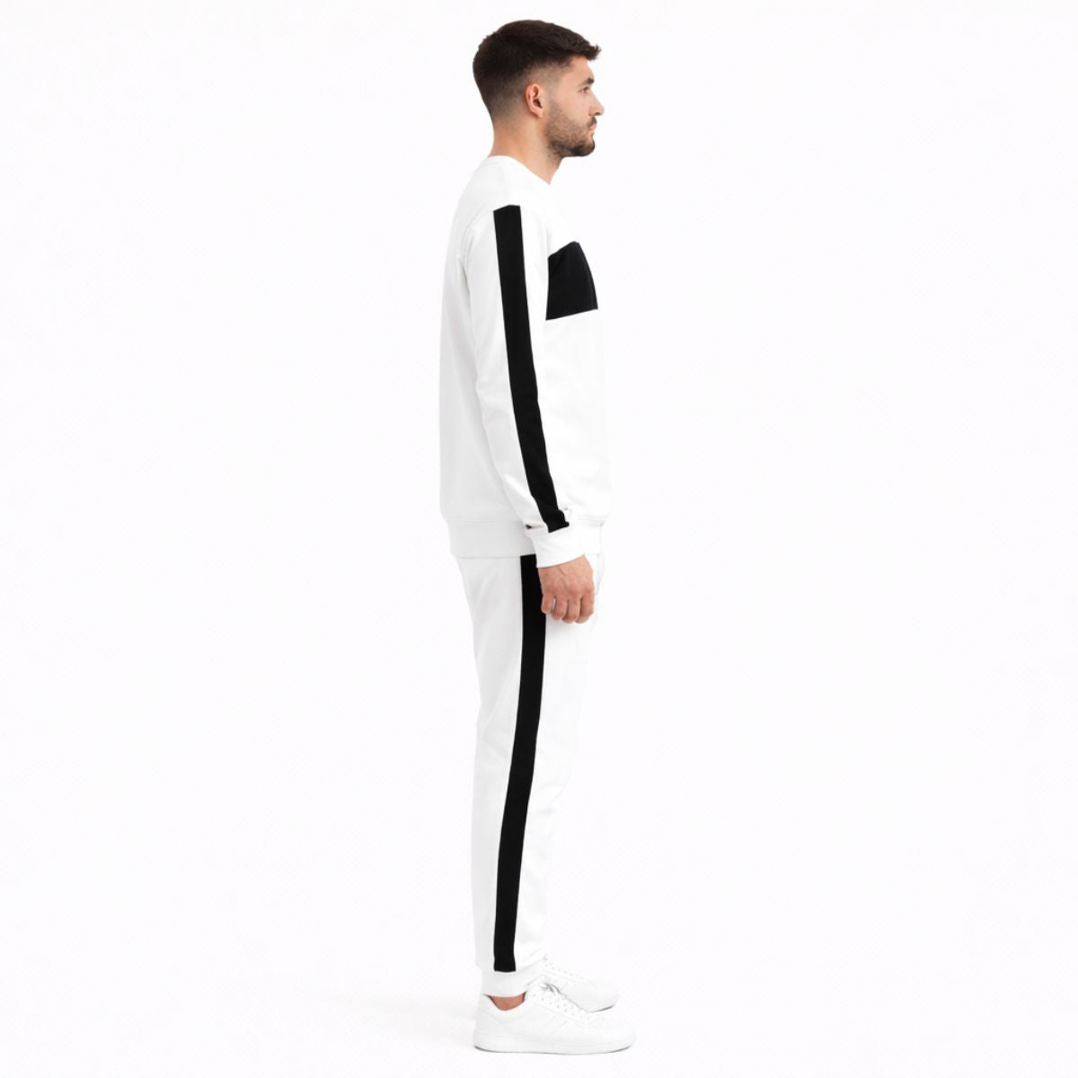 HG Men’s Contrast Panel Terry Tracksuit Crewneck Set - White Black