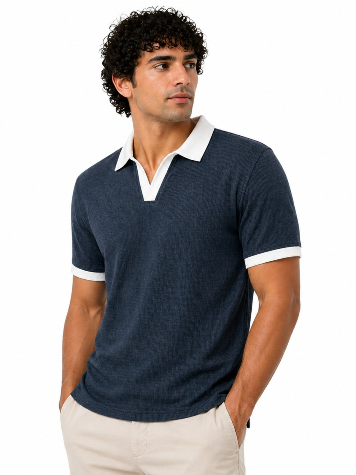 Men’s Classic Thermal Knit Contrast Collar Polo Shirt – Charcoal Blue