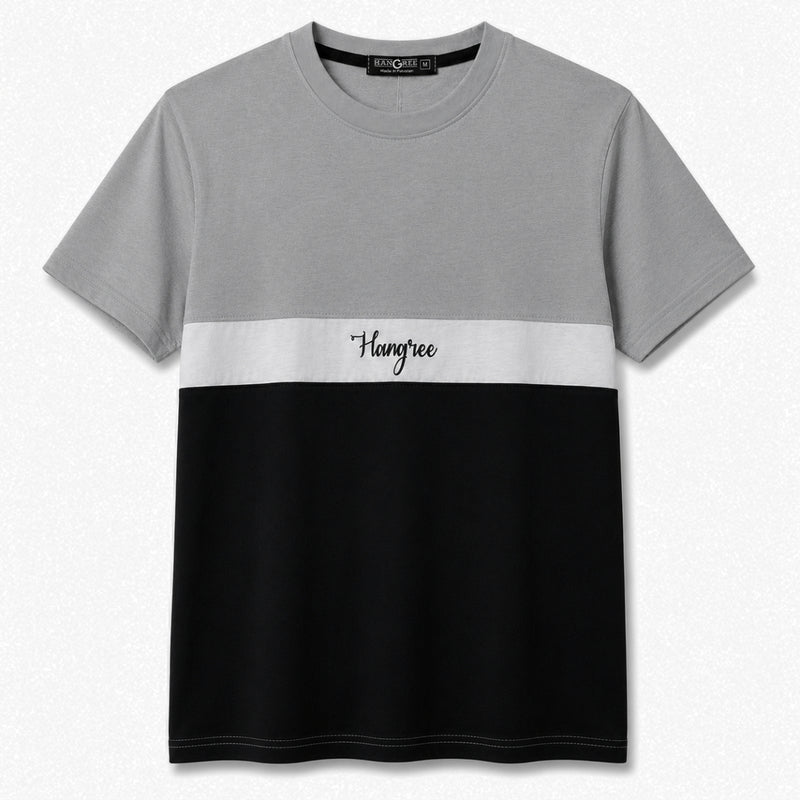 Men's Cut & Sew panel Tee Shirt - Gray, White & Black