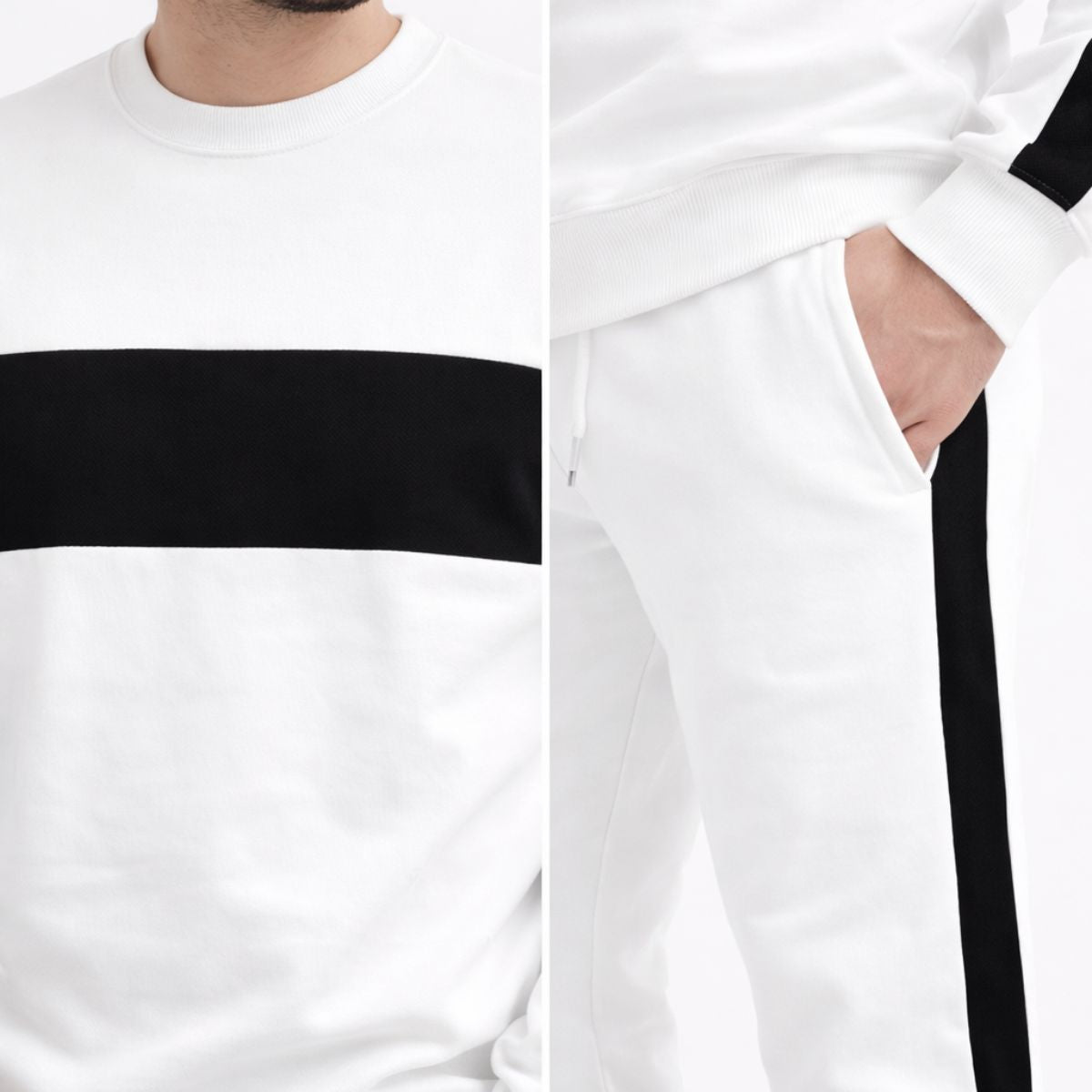 HG Men’s Contrast Panel Terry Tracksuit Crewneck Set - White Black