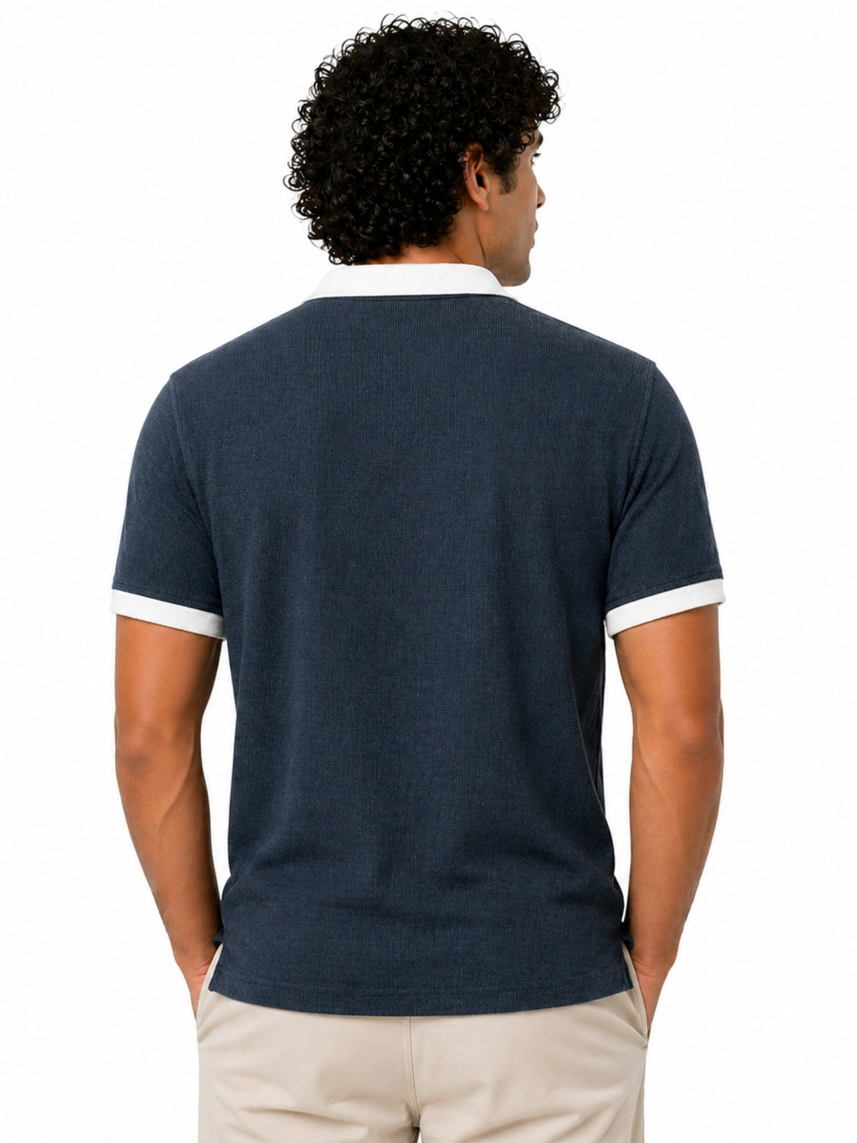 Men’s Classic Thermal Knit Contrast Collar Polo Shirt – Charcoal Blue