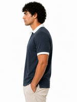 Men’s Classic Thermal Knit Contrast Collar Polo Shirt – Charcoal Blue