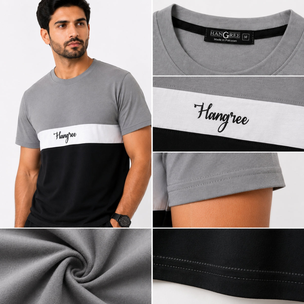 Men's Cut & Sew panel Tee Shirt - Gray, White & Black