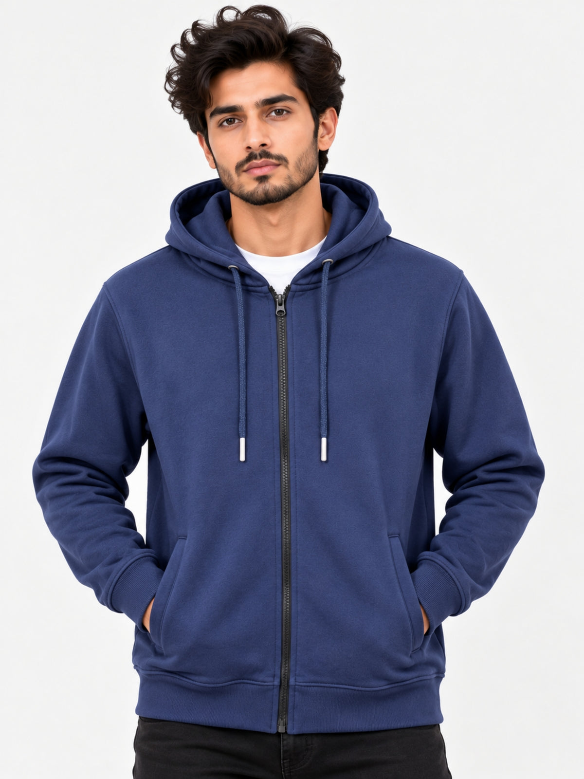 Men Plain Fleece Zip Up Hoodie - Navy