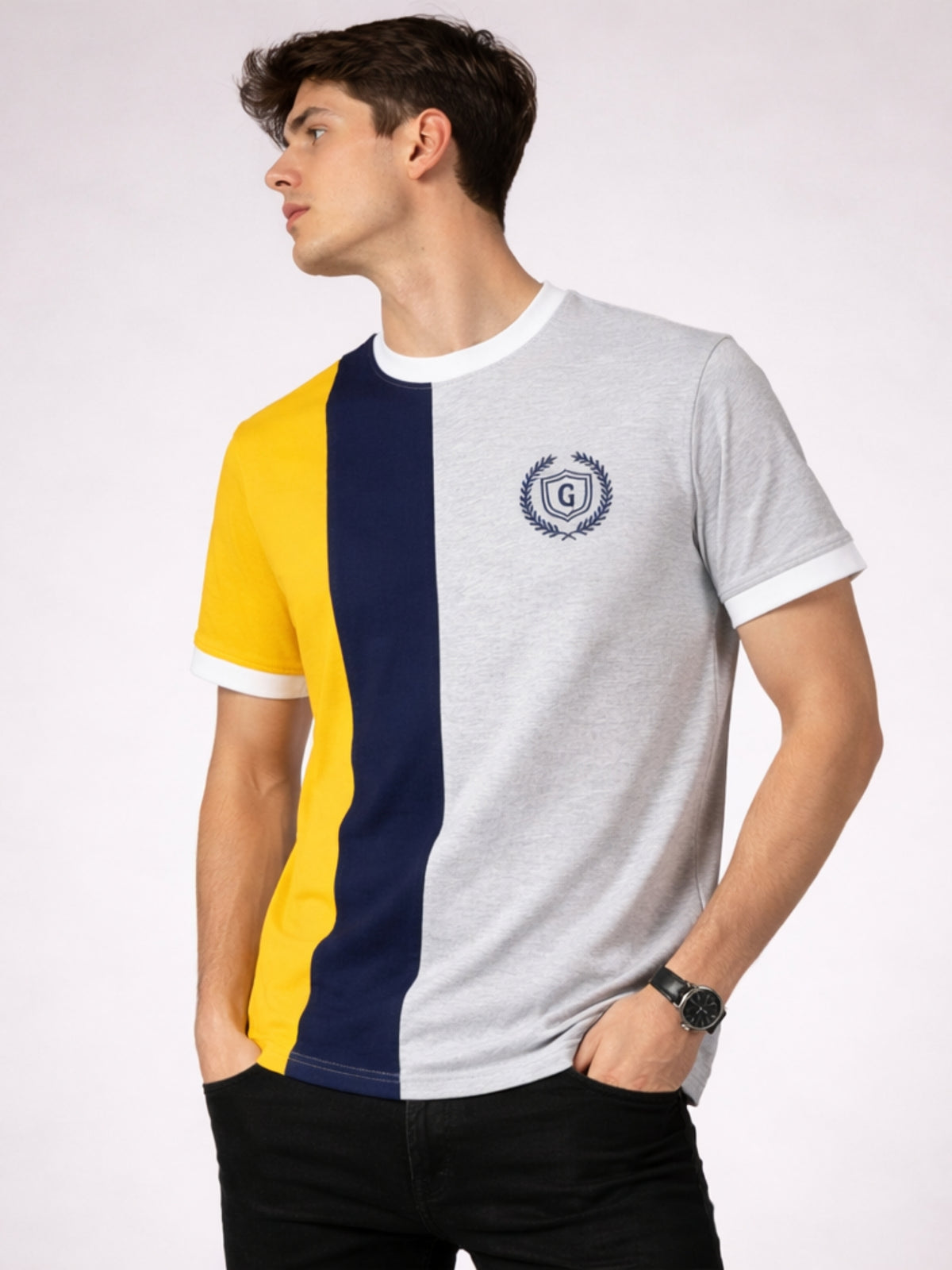 Men's Premium Vertical Panel Tee Shirt - Yellow / Navy / Grey