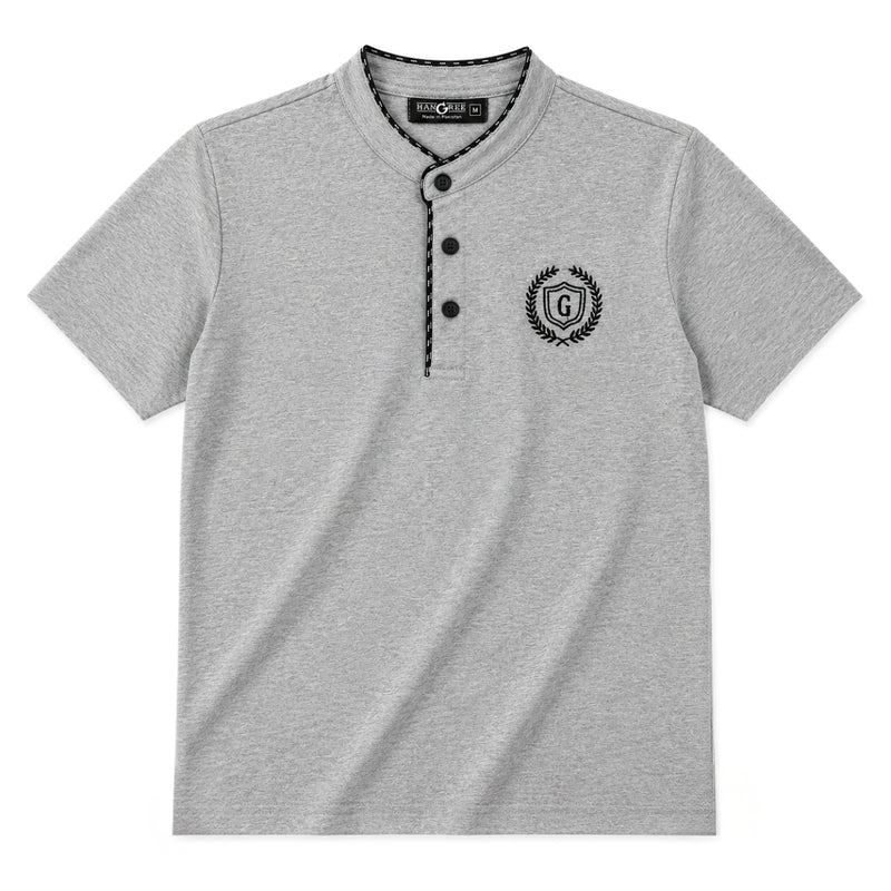 Men’s Signature Emb. Ban Collar Henley Tee Shirt – Light Gray