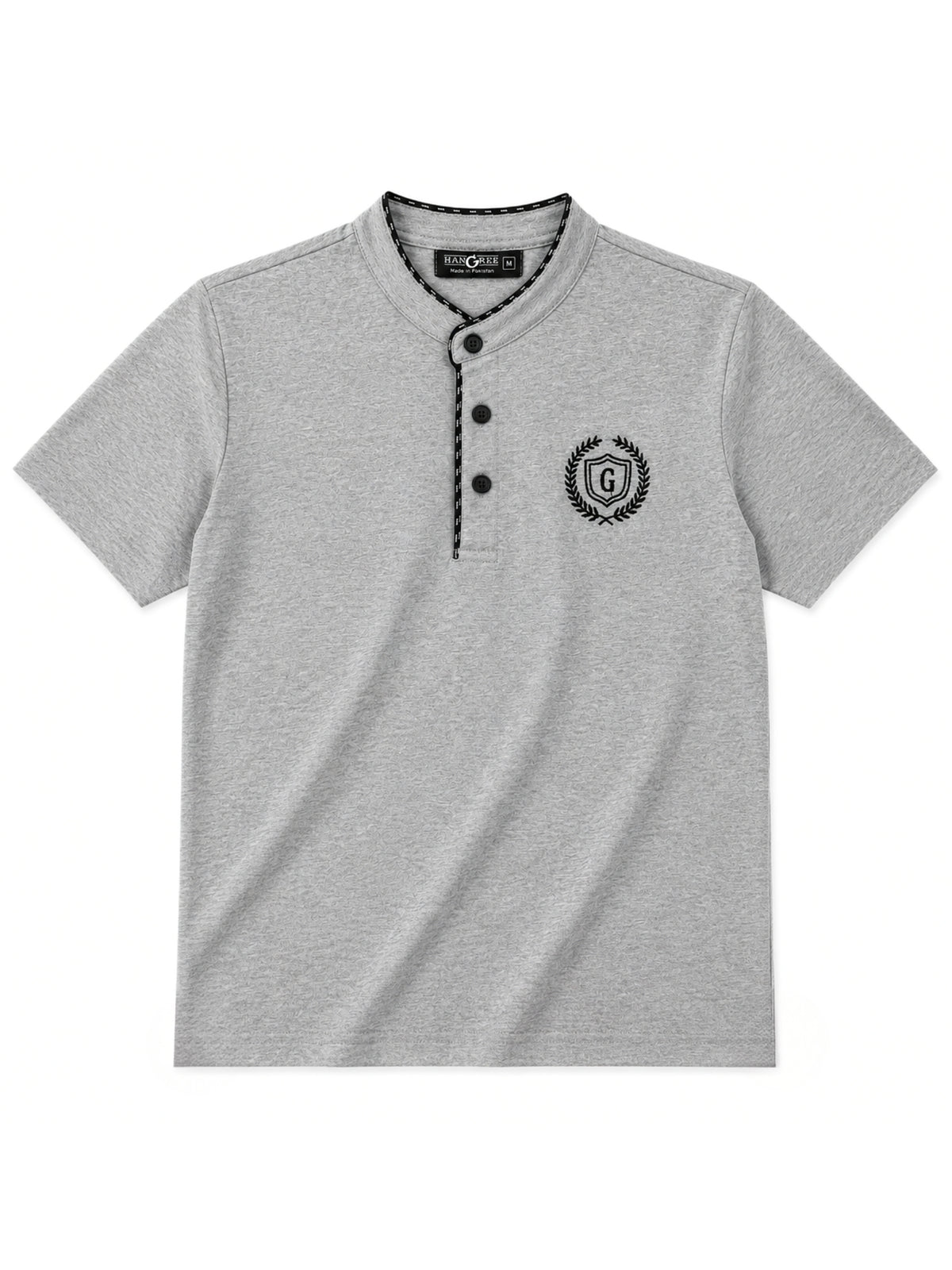 Men’s Signature Emb. Ban Collar Henley Tee Shirt – Light Gray