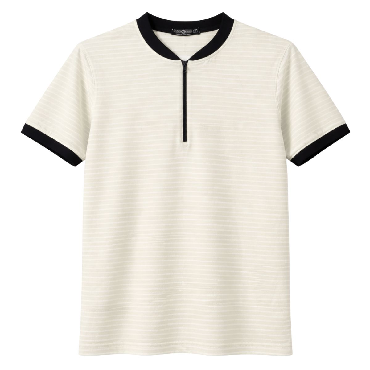 Men’s Crew Neck Striped Half-Zip Tee Shirt – Cream