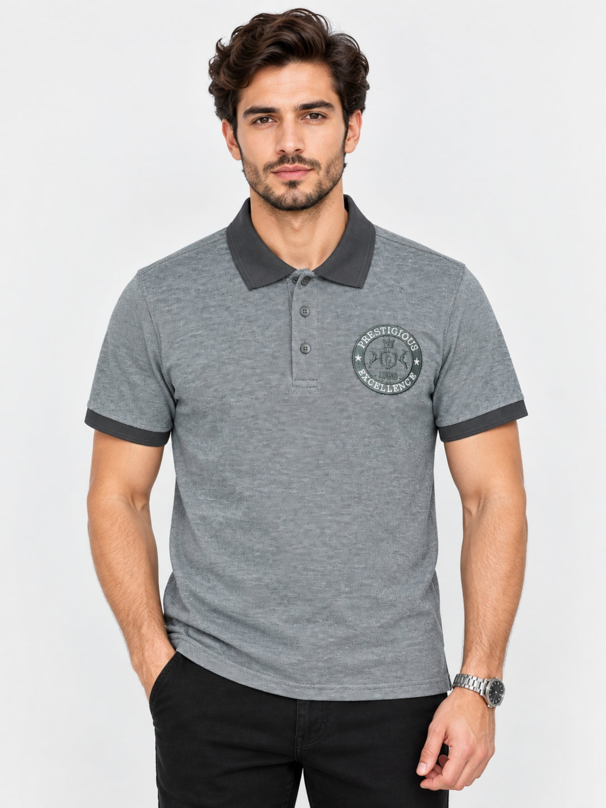 HG Excellence Emb Contrast Collar Polo Shirt - Gray