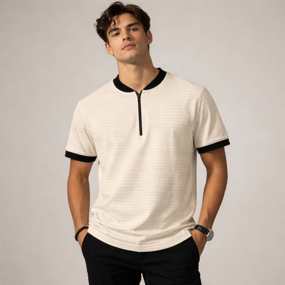 Men’s Crew Neck Striped Half-Zip Tee Shirt – Cream