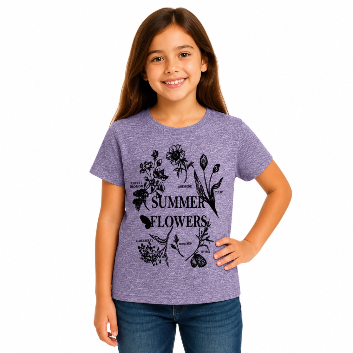 Girls’ Summer Flowers Graphic Printed T-Shirt – Purple