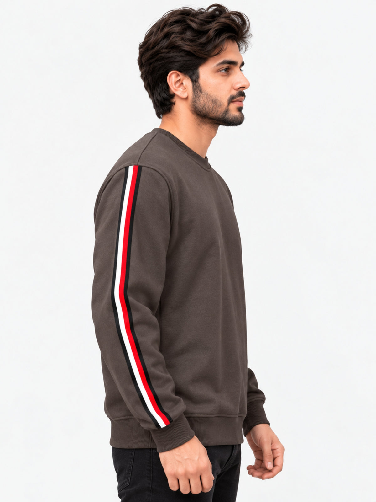 Super Solid Sleeves Fashion Fleece Sweat Shirt - Brown